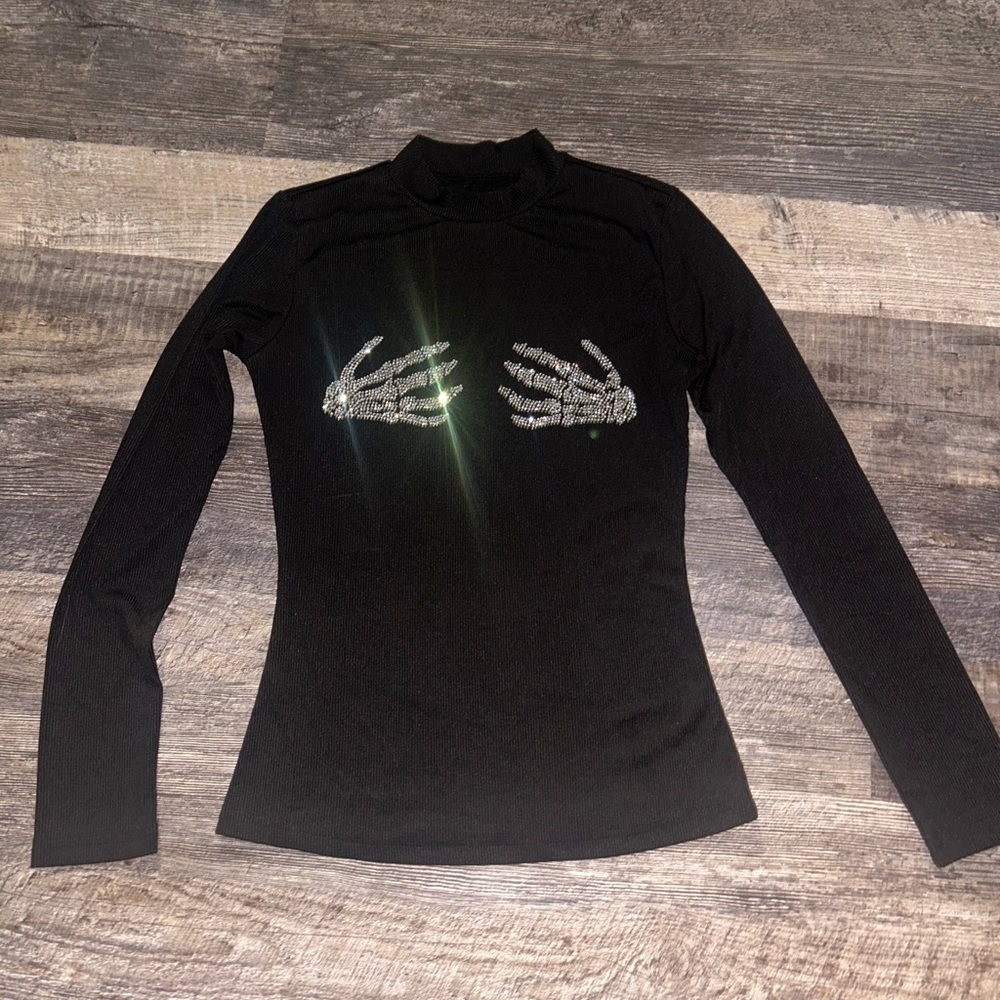 Rhinestone Skeleton Hands On Chest Long Sleeve